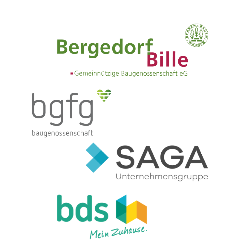 Die Grafik zeigt vier Logos von Hamburger Wohnungsgesellschaften:
Bergedorf Bille Gemmeinnützige Baugenossenschaft eG

bgfg baugenossenschaft

SAGA unternehmensgruppe

bds mein Zuhause